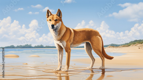 Dingo at Fraser Island walking on the beach. generative ai