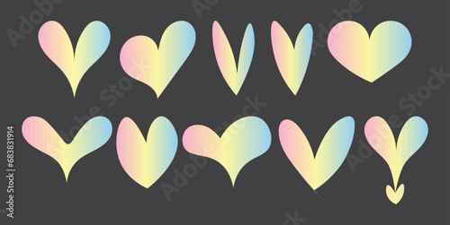 Hand drawn Hearts Set. 10 Pastel Gradient Pink blue Yellow Cute Love Hearts Collection. Trendy Doodle Heart Icons Vector Illustration. Love Symbols Valentine Day