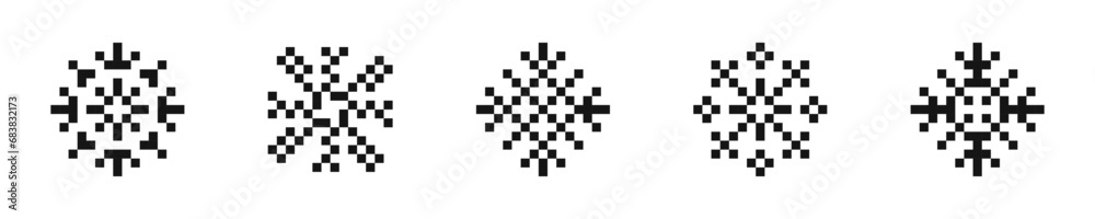  Pixel snowflakes icon collection. Pixel art snowflake icon set. Flat black snowflake icons.