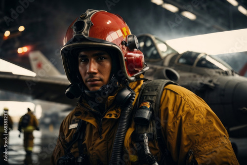 Close-up portrait of a male firefighter wearing a uniform and helmet against the background of an airplane in a hangar. © liliyabatyrova