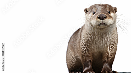 European Otter, Lutra lutra portrait standing against white background. generative ai photo