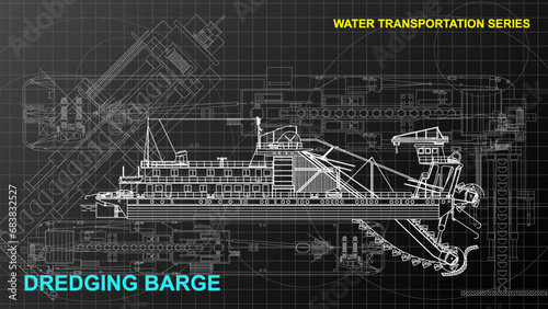 Dredging Barge model. Line art sketch wallpaper of water transportation series. Drafting art. Grid lines drawing against dark background. 