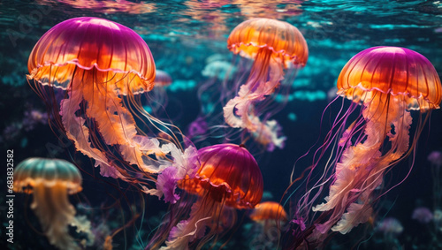 Jellyfishes floating in the sea. Underwater background.
