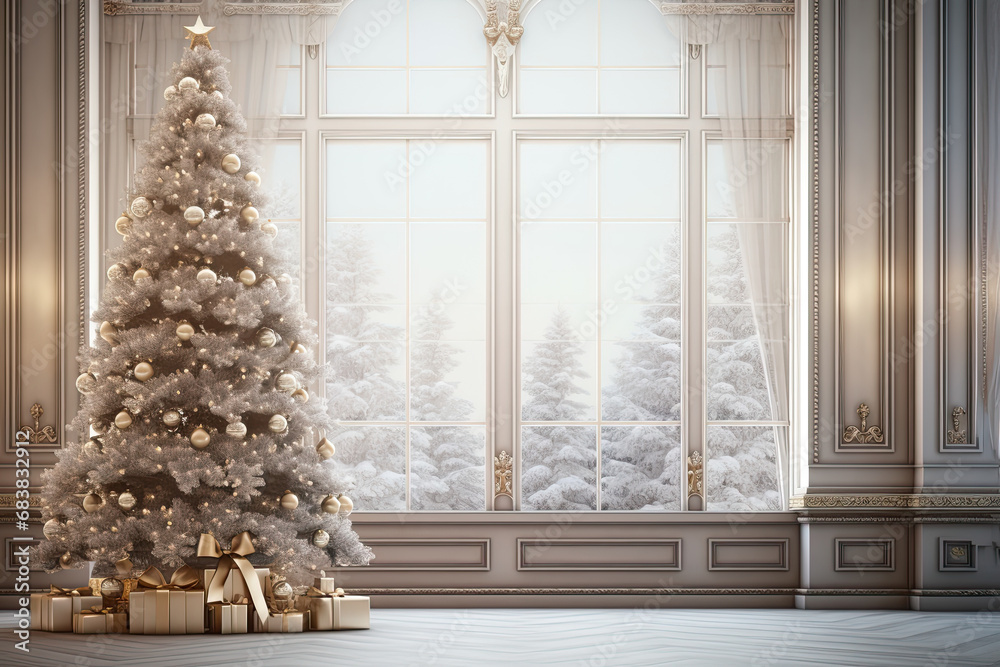 christmas tree in a room with windows. christmas home interior