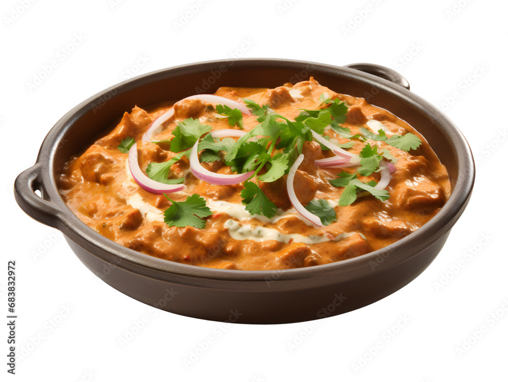 Authentic Indian Butter Chicken Curry in Balti Dish, isolated on a transparent or white background