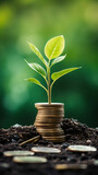 green plant growing from coins in a stack, symbolizing financial growth and small savings effort
