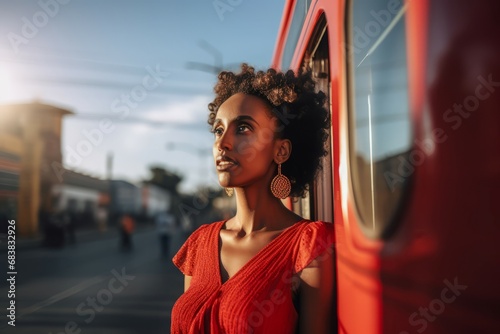 Pretty woman in dress getting off the bus. Curly beautiful lady in red dress outdoor walking. Generate ai
