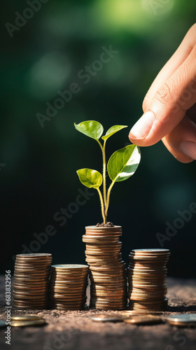 green plant growing from coins in a stack, symbolizing financial growth and small savings effort, vertical orientation 
