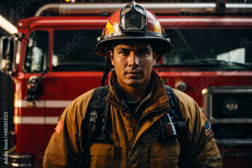 Portrait of a male firefighter wearing a uniform and helmet near a red fire truck.