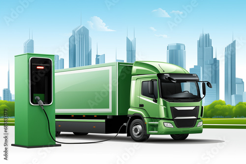 Electric truck is charging from the charging station