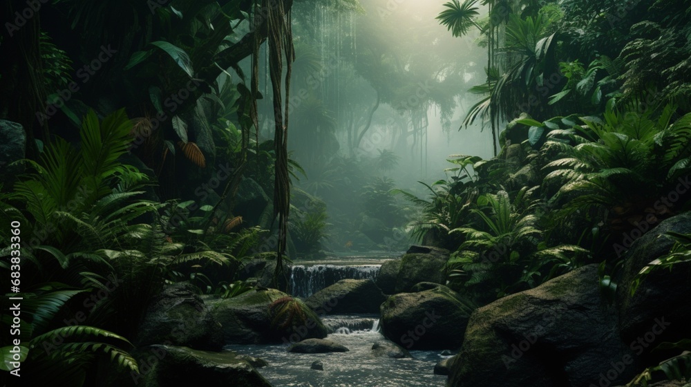 Realistic rain forest depicted in an artistic way with a tiny cascade - obrazy, fototapety, plakaty 