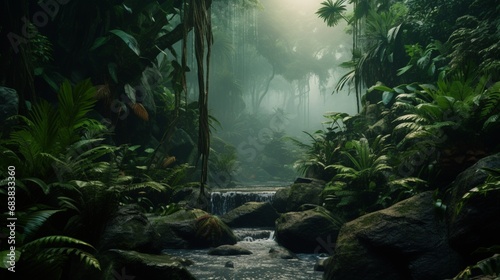 Realistic rain forest depicted in an artistic way with a tiny cascade © juni studio
