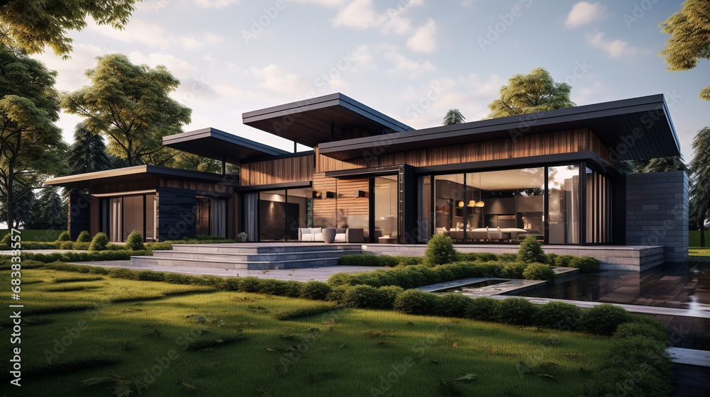 Modern private house in minimalist style with a pitched roof. The walls are decorated with natural wood and natural stone. Modern architecture. Modern private house in minimalist style with a pitched roof. The walls are decorated with natural wood and natural stone. Modern architecture.