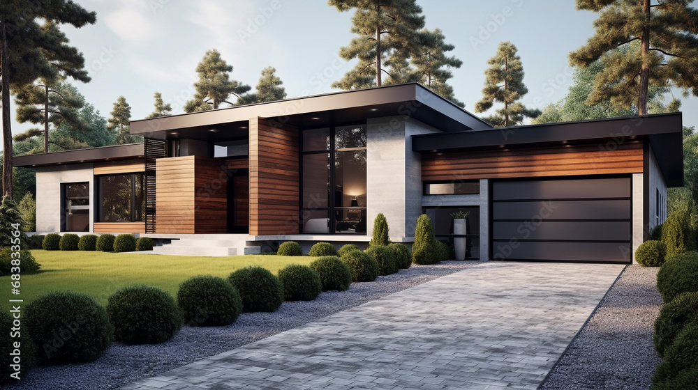 Modern private house in minimalist style with a pitched roof. The walls are decorated with natural wood and natural stone. Modern architecture. Modern private house in minimalist style with a pitched roof. The walls are decorated with natural wood and natural stone. Modern architecture.