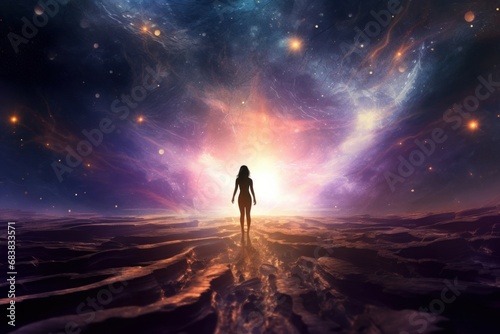 Abstract Unique Young Woman Standing In the Middle Of A Galaxy Crack, Generative AI