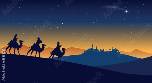 Christmas Nativity Scene - Three Wise Men go to Bethlehem in the desert at night