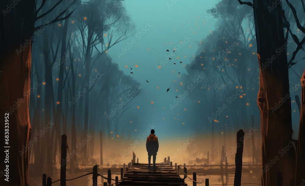 Digital illustration painting design style man standing on the pier against flyflies and big trees, Generative AI - obrazy, fototapety, plakaty 