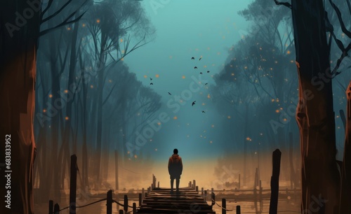 Digital illustration painting design style man standing on the pier against flyflies and big trees, Generative AI