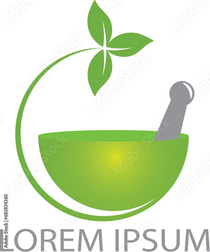 Pharmacy medical logo design. Natural mortar and pestle logotype, medicine herbal illustration symbol icon vector design.