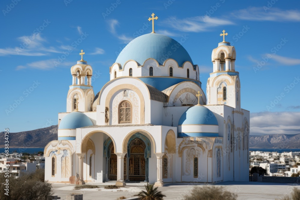 A Greek Orthodox church with a domed roof and icons, symbolizing Eastern Christian traditions and religious architecture.