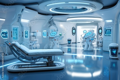 A futuristic medical clinic with advanced technology and robots.