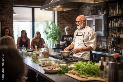A gourmet cooking class with a renowned chef in a professional kitchen.