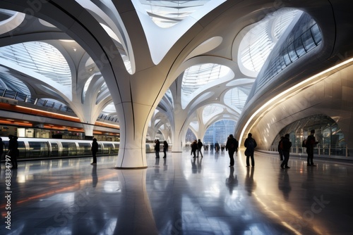 A high-speed train station with modern architecture and bustling commuters. photo
