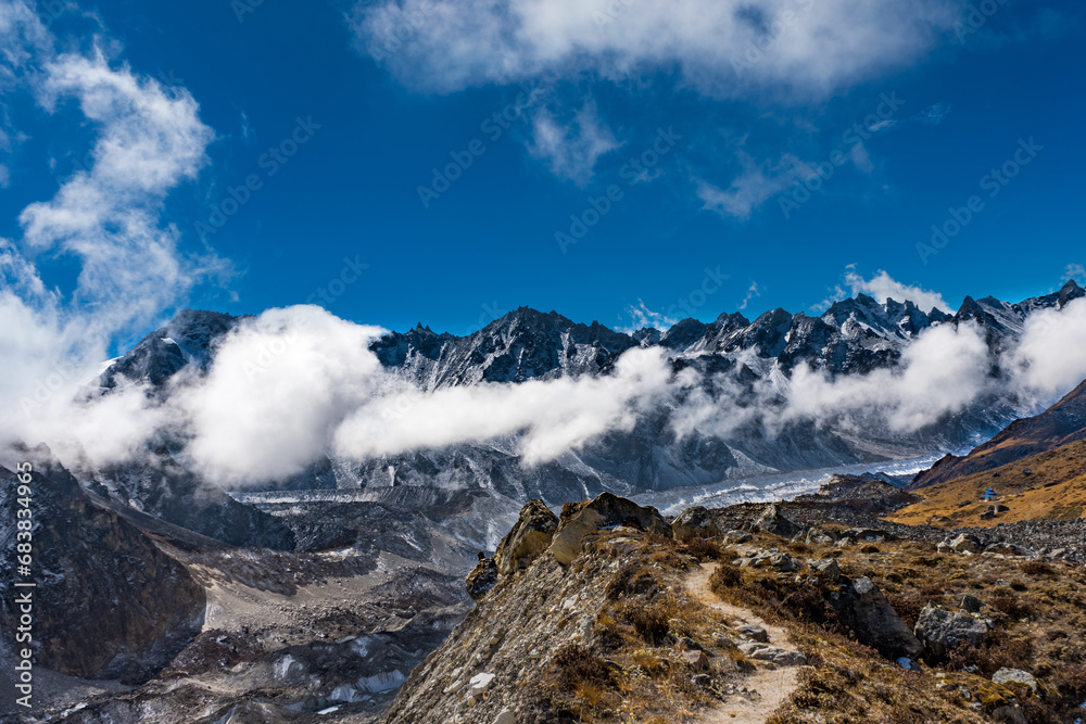 Beautiful Himalayan Landscape with Snow capped Mountains in Kanchenjunga Base Camp Trekking in Nepal