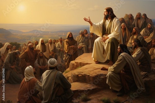 A painting of the Sermon on the Mount, depicting Jesus' teachings to a crowd, an important Christian doctrine.