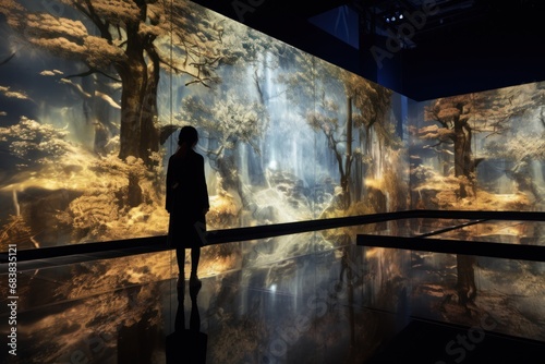 A virtual reality art gallery with immersive digital exhibits.