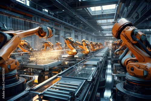 Advanced robotics and automation in manufacturing, showing a high-tech factory with robotic arms, automated assembly lines, and futuristic technology. © Bijac