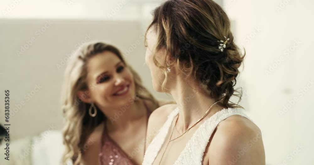 Bride, smile and makeup for wedding, bridesmaid and funny joke or humor, bedroom and excited for marriage. Women, lipstick and prepare for celebration, event and ceremony or beauty and cosmetics Bride, smile and makeup for wedding, bridesmaid and funny joke or humor, bedroom and excited for marriage. Women, lipstick and prepare for celebration, event and ceremony or beauty and cosmetics
