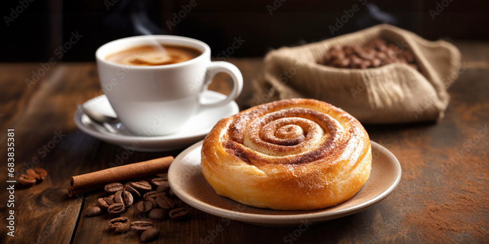 Cinnamon roll with a cup of coffee for dessert sweet food panorama on a wooden board Cinnamon roll with a cup of coffee for dessert sweet food panorama on a wooden board