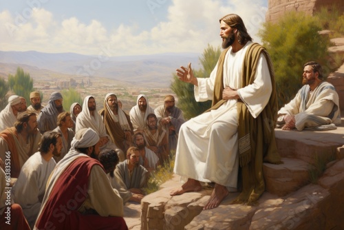 Biblical representation of Jesus Christ preaching to his followers photo