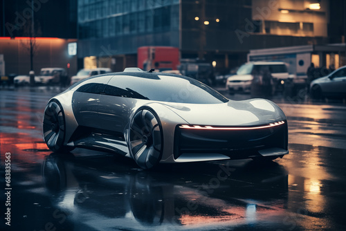 Autonomous self-driving futuristic car on a city street