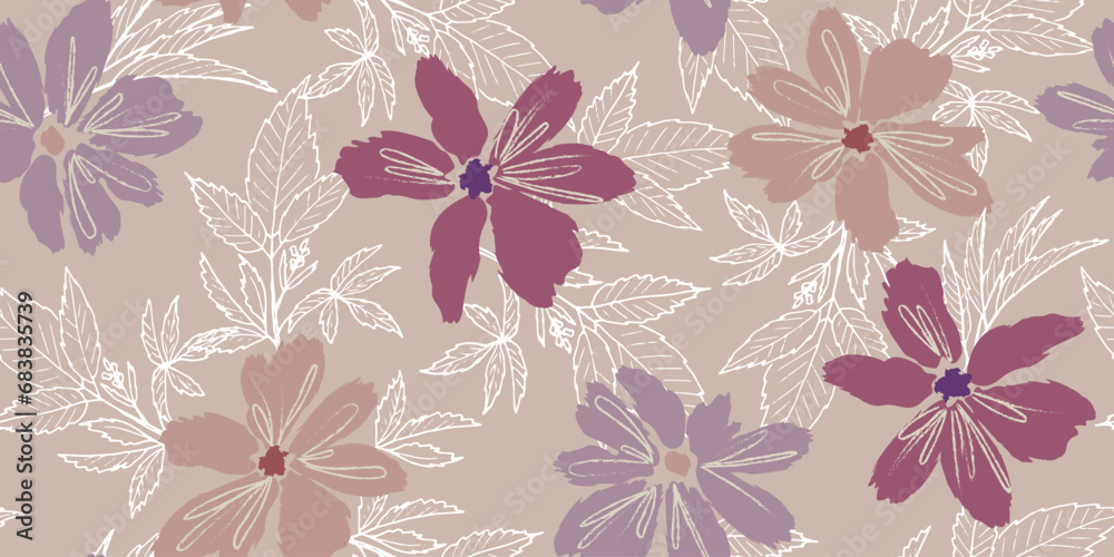 Modern seamless floral pattern. Background of large flowers with brush strokes. Various botanical elements are scattered across the ivory background. for printing on fabric, wallpaper, clothing