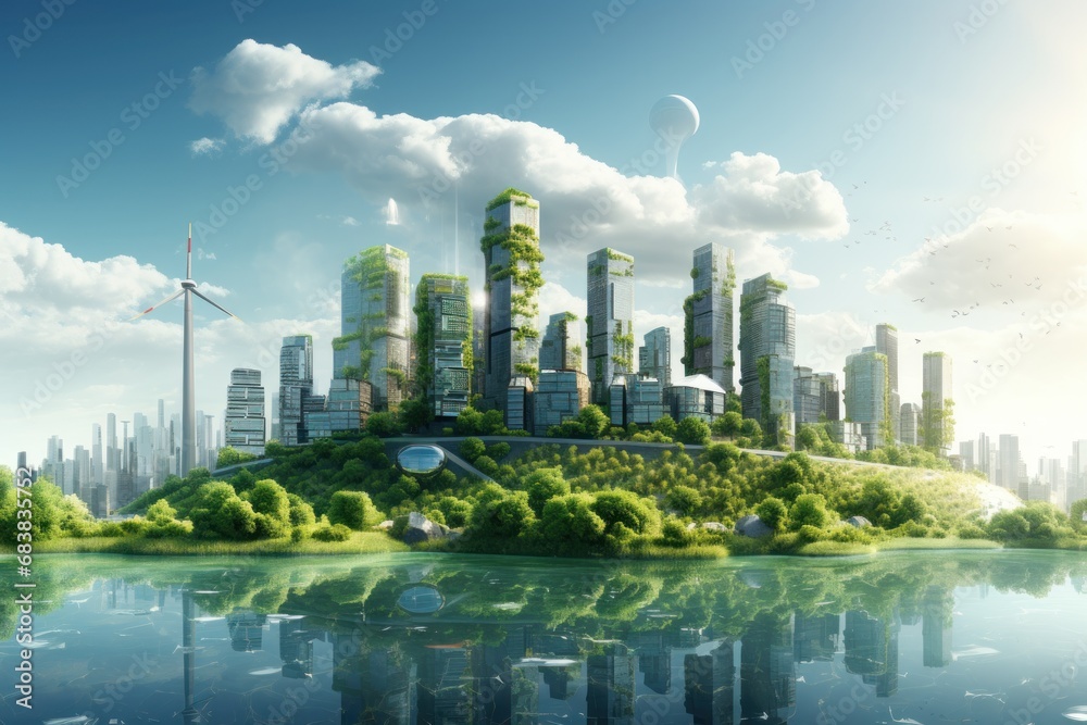 Eco-friendly cityscape with green buildings and renewable energy sources.