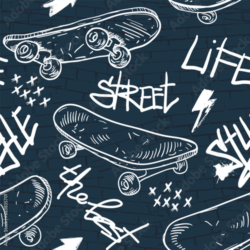 Abstract seamless grunge pattern for boy. Urban style modern background with cool skateboards. Sport extreme style creative wallpaper for guys.