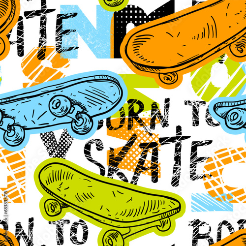 Abstract seamless grunge pattern for boy. Urban style modern background with skateboards. Sport extreme style creative wallpaper for guys.
