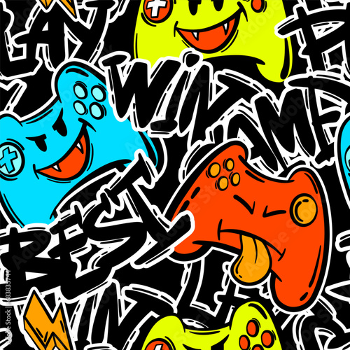 Seamless abstract pattern with colourful  joystick game and graffiti words. Wallpaper for boys.