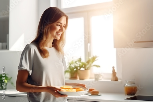 A young woman in the kitchen with a plate of vegan pancakes made with alternative milk. Vegetarianism and Veganuary concept
