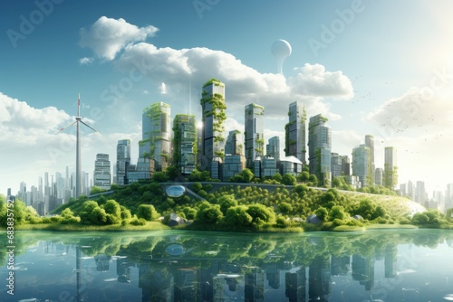 Eco-friendly cityscape with green buildings and renewable energy sources.
