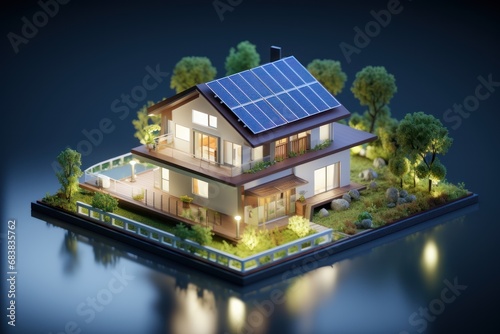 Eco-friendly smart home technology concept with solar panels and green energy devices on a house model, surrounded by natural elements and digital interfaces.