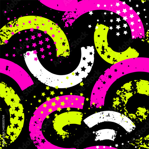 Abstract seamless chaotic pattern with urban geometric elements, scuffed, drops, stars and sprays. Grunge neon texture background. Wallpaper for teen girls. Fashion sport style
