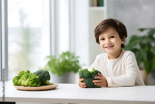 Vegetarian Child boy posing with broccoli in a trendy minimalist kitchen. Vegetarianism and Veganuary concept