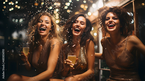 Group of happy and smiling friends at a party with glasses of champagne and confetti flying. Young women celebrating new year in elegant dresses.