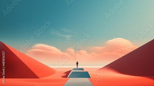 a person walking up a staircase in a desert