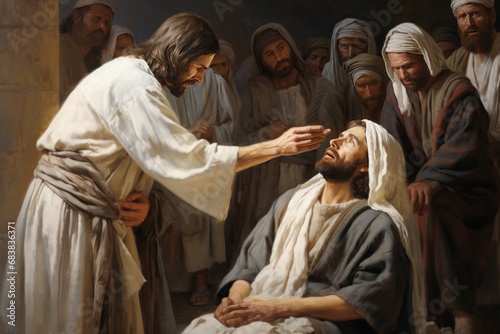 Vászonkép Painting of Jesus healing the blind man in biblical times