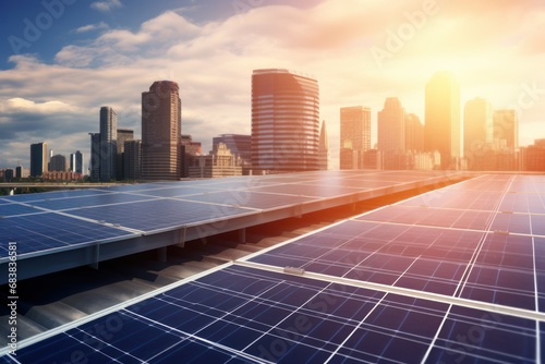 Solar panels on a rooftop with a city skyline in the background.