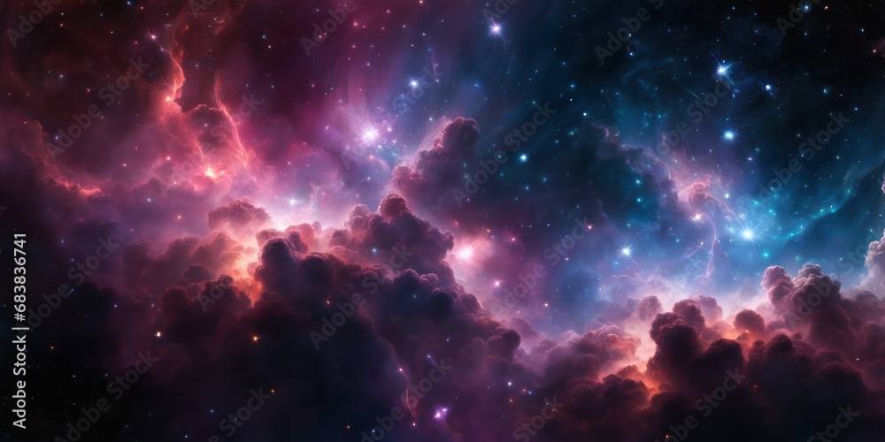 Colorful cosmic nebula veiled in space dust, a celestial spectacle. Fantastic space nebula with glowing cosmic clouds on black background. Universe, stars and galaxies clusters of fantastic worlds